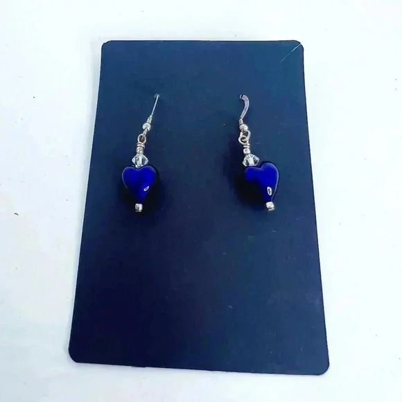 Blue Glass Heart Earrings Dangling Boho Chic Bohemian - Picture 1 of 3
